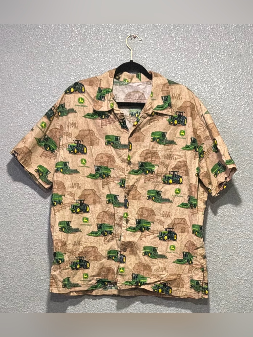 John Deere Beige Short Sleeve Button-Front Shirt with Green Tractor Print